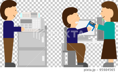 Illustration of a person doing business using a FAX and a floppy disk 95984565