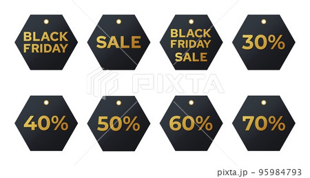 Black friday sales labels. Discount tags golden letters on a dark background collection. Vector set realistic stickers template with great deals 95984793