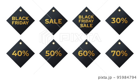 Black friday sales labels. Discount tags golden letters on a dark background collection. Vector set realistic stickers template with great deals Black friday sales labels. Discount tags golden letters on a dark background collection. Vector set realistic stickers template with great deals 95984794