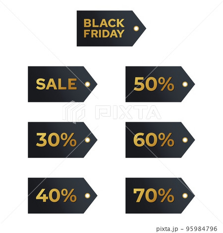 Black friday sales labels. Discount tags golden letters on a dark background collection. Vector set realistic stickers template with great deals 95984796