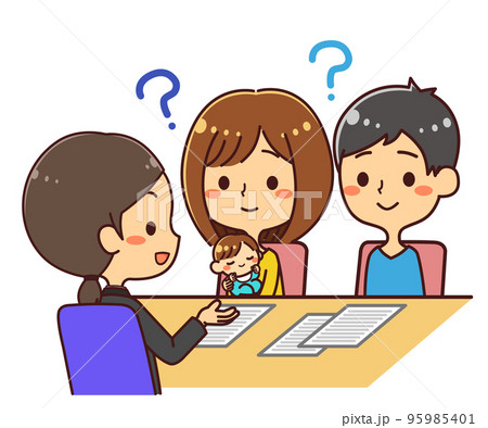 相談をする夫婦と赤ちゃん　？　イラスト素材 95985401