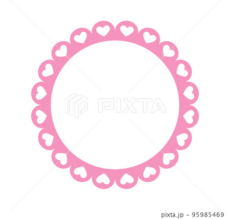 Circle scalloped frame. Scalloped edge round shape. Simple label sticker form. Flower silhouette lace frame. Repeat cute vintage frill ornament. Vector illustration isolated on white background 95985469