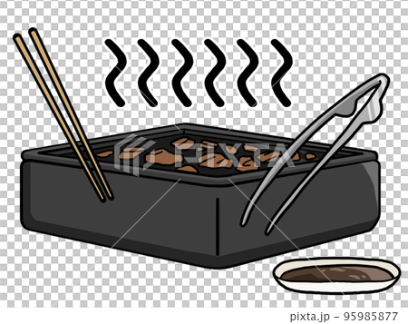 ホットプレートで焼き肉をするイラスト2 お箸とトング タレ付き のイラスト素材