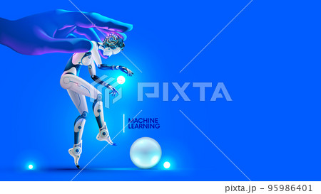 Machine learning conceptual illustration. Developer trains artificial intelligence. Digital technology art. Robot with AI in hand programmer. Neural network in image cyborg woman training on datum. Machine learning conceptual illustration. Developer trains artificial intelligence. Digital technology art. Robot with AI in hand programmer. Neural network in image cyborg woman training on datum. 95986401