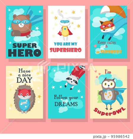 Vector set of cards with cute superhero animals 95986542