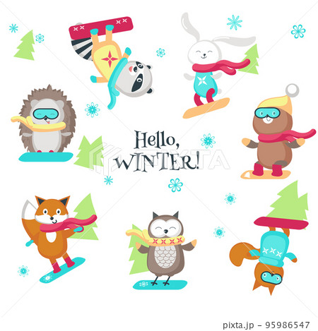 Cute animals enjoying snowboarding vector isolated illustration 95986547