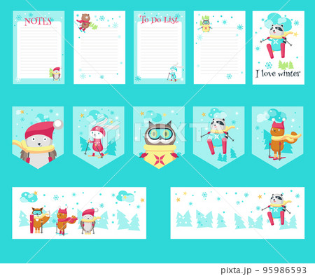 Vector set of cards with cute skiing animals 95986593