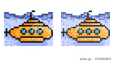 Pixel icon. Scientific bathyscaphe, submarine icon. Underwater research. Simple retro game vector isolated on white background Pixel icon. Scientific bathyscaphe, submarine icon. Underwater research. Simple retro game vector isolated on white background 95986864