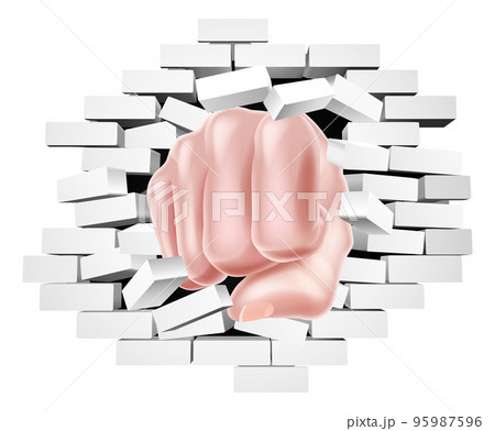 Fist Hand Punching Through a Brick Wall Concept 95987596