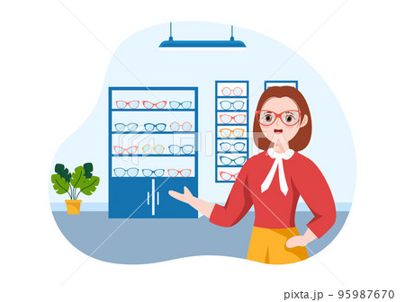 Eye Glasses Store or Optical Shop with Accessories, Optician, Checking Vision and Eyeglasses in Flat Cartoon Hand Drawn Templates Illustration 95987670