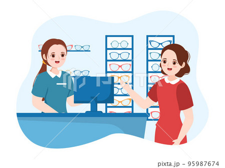 Eye Glasses Store or Optical Shop with Accessories, Optician, Checking Vision and Eyeglasses in Flat Cartoon Hand Drawn Templates Illustration Eye Glasses Store or Optical Shop with Accessories, Optician, Checking Vision and Eyeglasses in Flat Cartoon Hand Drawn Templates Illustration 95987674