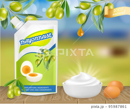 Natural olive mayonese ad vector realistic illustration 95987861