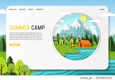 Vector paper cut summer camp landing page website template Vector paper cut summer camp landing page website template 95989205