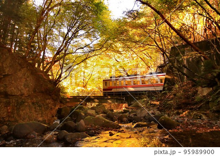 紅葉の渓流を眺めつつ奥鬼怒路を行く…龍王峡駅にて『6050系』 95989900
