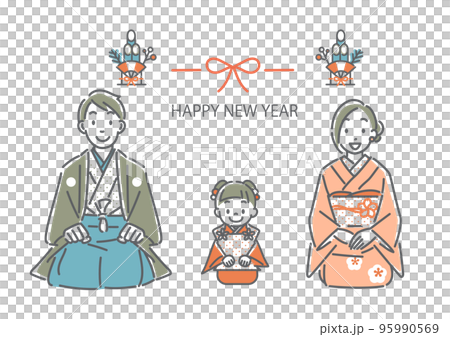 新年に着物で挨拶する家族　シンプルでお洒落な線画イラスト 95990569
