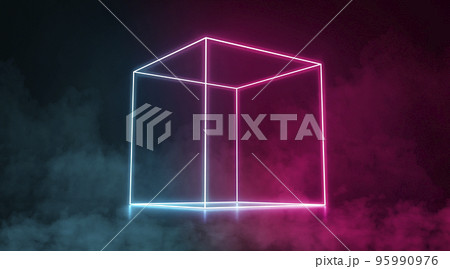 Colored neon glowing box stand in darkness, half-turned view 95990976