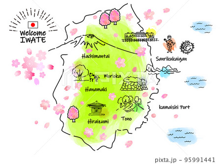 春の岩手の観光地シンプル線画イラストマップ 春の岩手の観光地シンプル線画イラストマップ 95991441