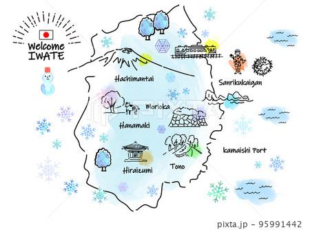 冬の岩手県の観光地シンプル線画イラストマップ 95991442