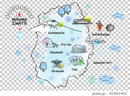 冬の岩手県の観光地シンプル線画イラストマップ 95991442