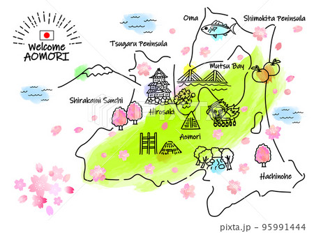 春の青森県の観光地シンプル線画イラストマップ 95991444