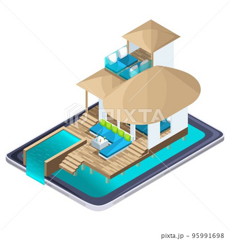 Isometric advertising of the resort on the Maldives smartphone, bright advertising travel concept, on-line search for luxury hotels Isometric advertising of the resort on the Maldives smartphone, bright advertising travel concept, on-line search for luxury hotels 95991698
