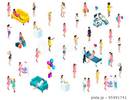 Isometry of pregnant girls in different activities, 3d couple next to the baby's crib, happy woman, balloons 95991741