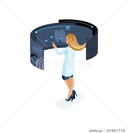 Isometry of a private clinic worker uses modern technology, set 3, virtual screen, large tablet, modern data storage, for doctors, surgeons, nurses 95991779