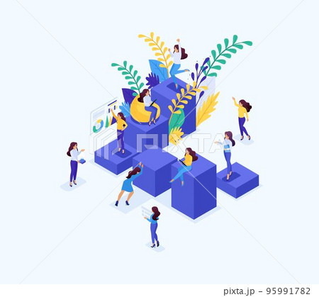 Isometric concept career ladder for women, success in big business. Business lady succeeds. Concept for web design 95991782