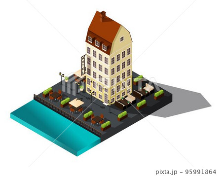Isometric icon, 3d ancient house by the sea, hotel, Denmark, Copenhagen, Paris, historical city center, old building for vector illustrations 95991864
