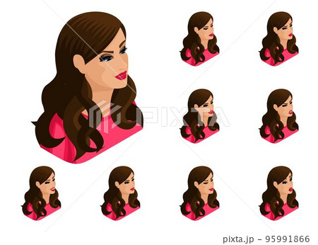 Isometry girl set of hairstyles and emotions, beautiful, bright woman. Qualitative 3D vector isometry 95991866