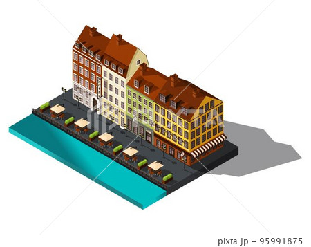 Isometric icon, 3d street from old dov by the sea, hotel, restaurant, Denmark, Copenhagen, Paris, the historic center of the city, old buildings 95991875