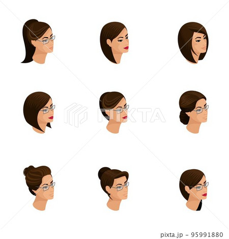 Isometric icons of head hairstyles, 3D faces, eyes, lips, female emotions. Qualitati isometry of people for vector illustrations 95991880