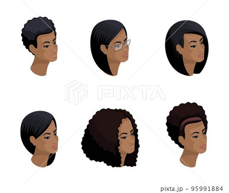 Isometric icons of the head of the African-American hairstyle, 3D faces, eyes, lips, female emotions. Qualitative isometry of people for vector illustrations Isometric icons of the head of the African-American hairstyle, 3D faces, eyes, lips, female emotions. Qualitative isometry of people for vector illustrations 95991884