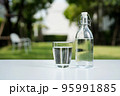 A glass of clean drinking water and a water bottle. 95991885
