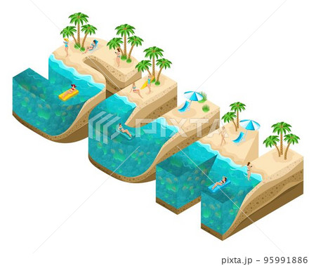 Isometry island in the form of large letters sun, 3d letters, the depth of the earth and the sea, the underwater world, the beach, palm trees and happy people 95991886
