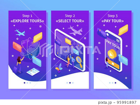 Isometric Template app Bright concept Tourists look at the globe and choose the direction to relax, smartphone apps. Easy to edit and customize 95991897