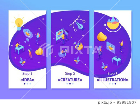 Isometric Template app creating ideas, employees develop the design. Teamwork of creative people, smartphone apps. Easy to edit and customize 95991907