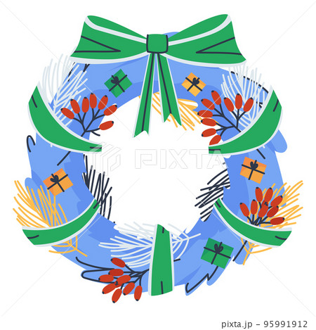 Original blue spruce wreath. Decoration for Christmas. Decorated with green lena with gift boxes, colorful eyelids and red berries. Flat vector illustration, eps10. Vector illustration Original blue spruce wreath. Decoration for Christmas. Decorated with green lena with gift boxes, colorful eyelids and red berries. Flat vector illustration, eps10. Vector illustration 95991912
