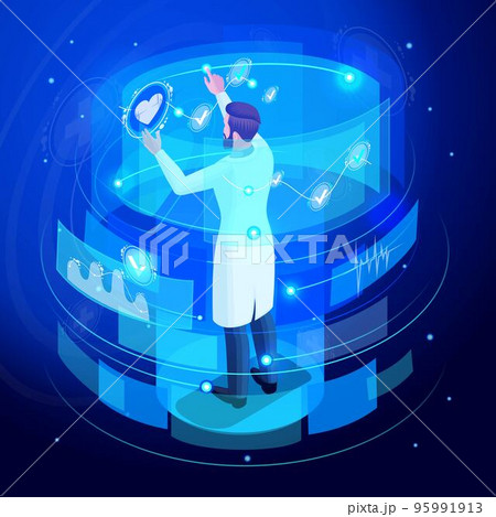 Isometric doctor works on a virtual screen, monitors, set 1, remote controls medical devices for life support. High tech. Back view 95991913