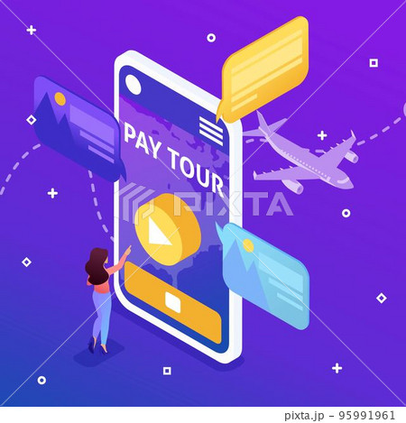 Isometric vivid girl concept, the tourist pays for the selected direction of relaxation, with the help of mobile applications 95991961
