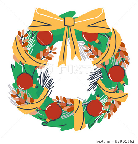 Traditional New Years wreath of spruce branches. Decorated with a yellow satin ribbon and red Christmas balls. Flat Vector illustration 95991962