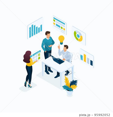 Isometric concept idea, brainstorming, teamwork, young entrepreneurs in the office. Modern vector illustration concepts for website 95992052