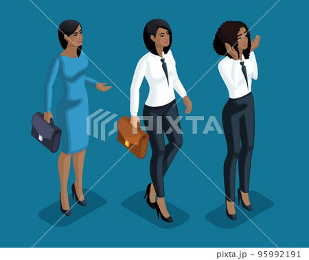 Isometry girl emotions, hand gestures business lady, lawyers, bank workers, 3D facial expression, eye emotions, lips, anger, joy, surprise. Qualitative isometry 95992191