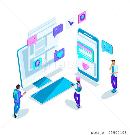 Isometrics young people, communication on the Internet with different people, correspondence, acquaintance through the Internet. Bright holographic design Isometrics young people, communication on the Internet with different people, correspondence, acquaintance through the Internet. Bright holographic design 95992193