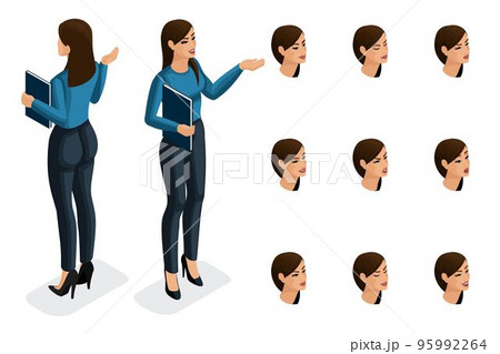 Quality Isometry, 3D business lady, in strict stylish clothing. Character, a girl with a set of emotions for creating quality vector illustrations 95992264