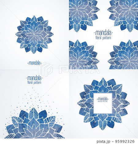 Set of design elements with blue flower mandala 95992326