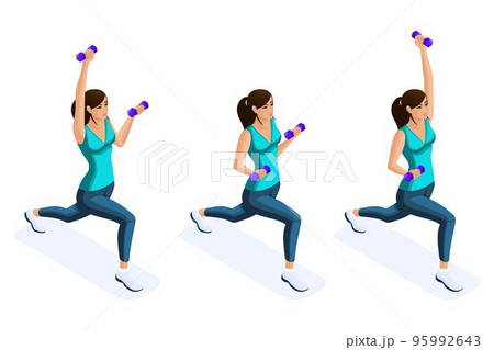 Isometry of a girl engaged in sports, lunges with dumbbells, gymnastics, beautiful girls with sports figures 95992643