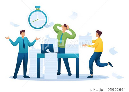 Stressful situation at work reporting deadline, employees in panic. Flat 2D character. Concept for web design 95992644