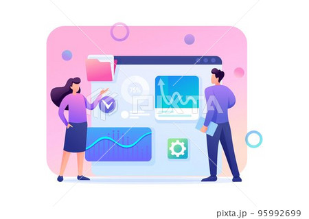 Young team of entrepreneurs engaged in business analysis on a large tablet. Flat 2D character. Concept for web design 95992699