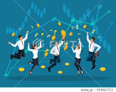 Isometric businessmen are jumping and enjoying the big money that is served from the sky on the background of profit growth charts. Vector illustration of a financial Isometric businessmen are jumping and enjoying the big money that is served from the sky on the background of profit growth charts. Vector illustration of a financial 95992721